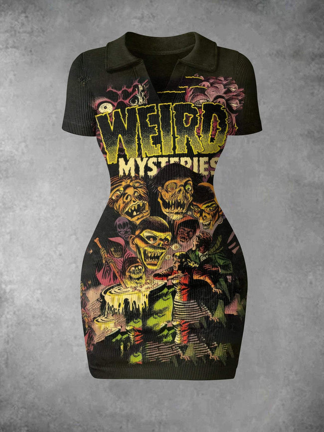 Women's Vintage Zombie Halloween Print Ribbed Bodycon Mini Dress