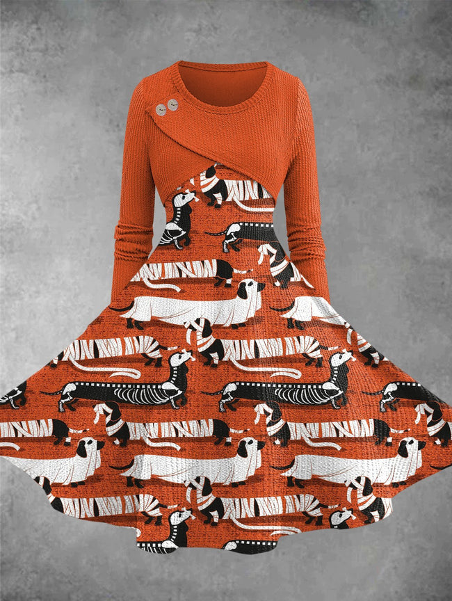 Women's Vintage Spooktacular Long Dachshunds Print Knitted Fake-Two Dresses