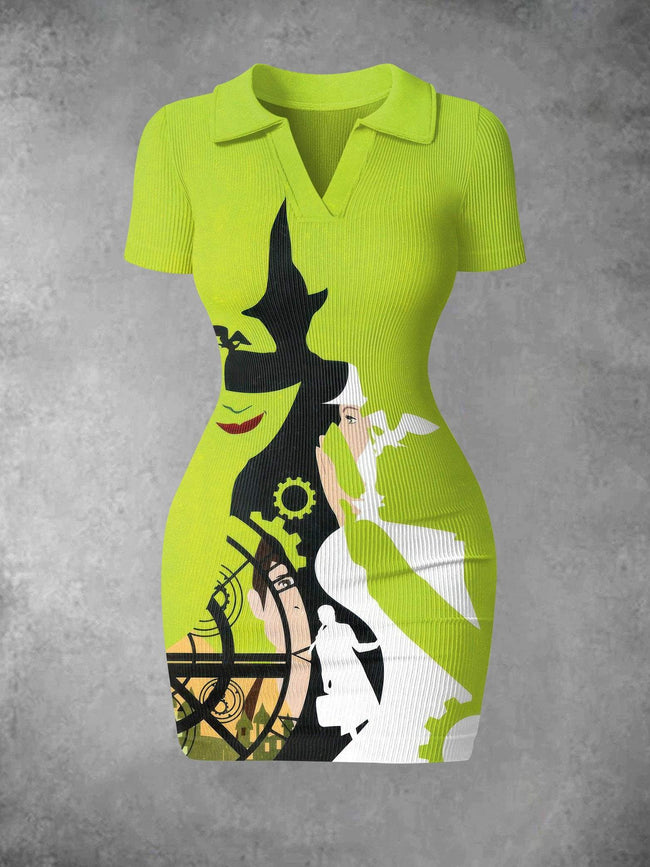 Women's Vintage Halloween Witch Print Ribbed Bodycon Mini Dress