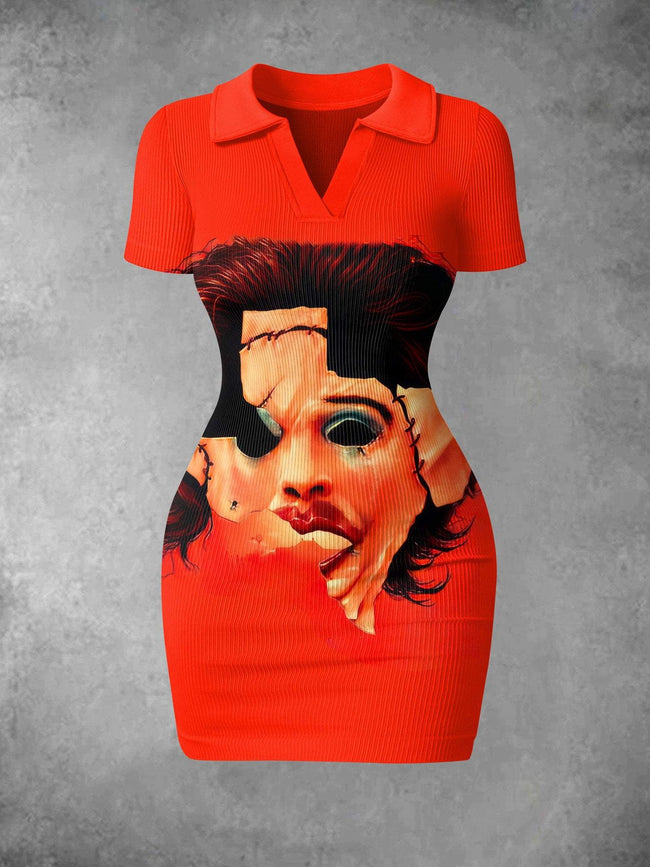 Women's Vintage Chainsaw Man Halloween Print Ribbed Bodycon Mini Dress