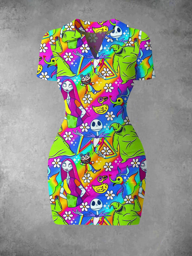 Women's Vintage Rainbow Cartoon Halloween Print Ribbed Bodycon Mini Dress