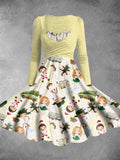 Women's Vintage Christmas Boy and Girl Print Two-Piece Dress