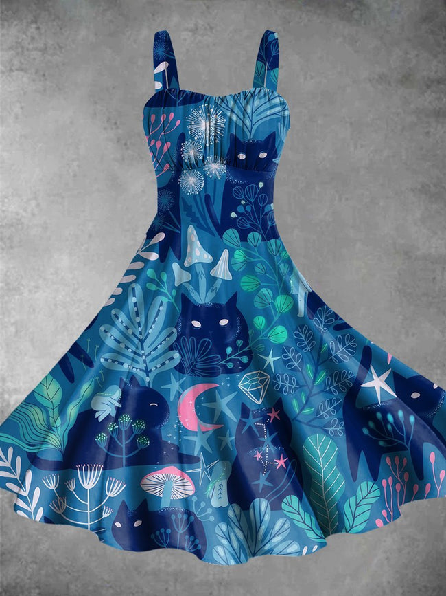 Blue Meowgical Print Backless Dress