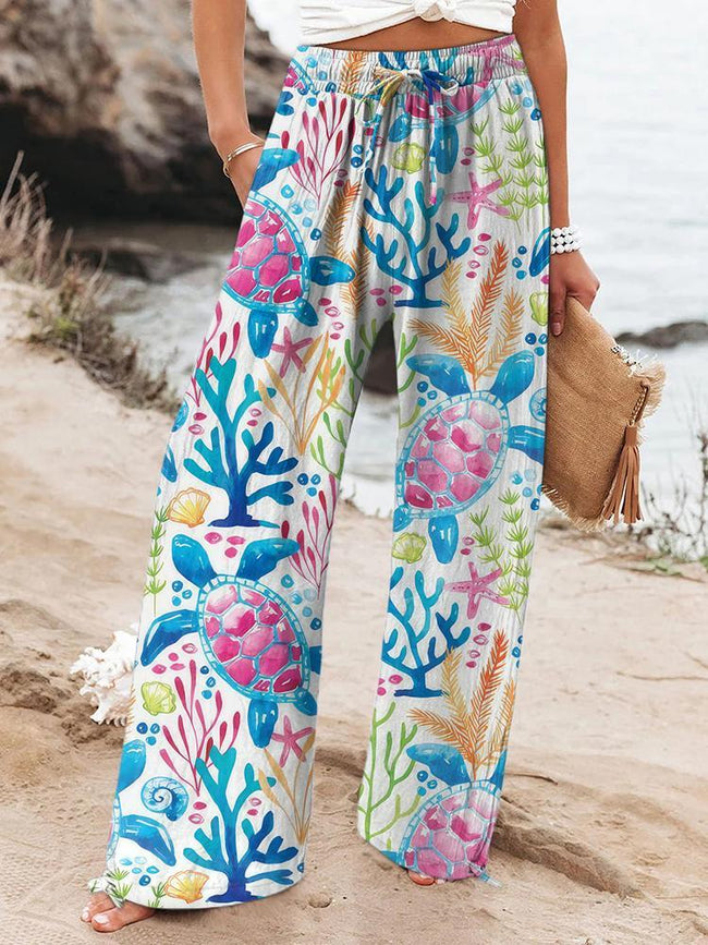 Women's Sea Turtle Beach Printed Cotton And Linen Casual Pants