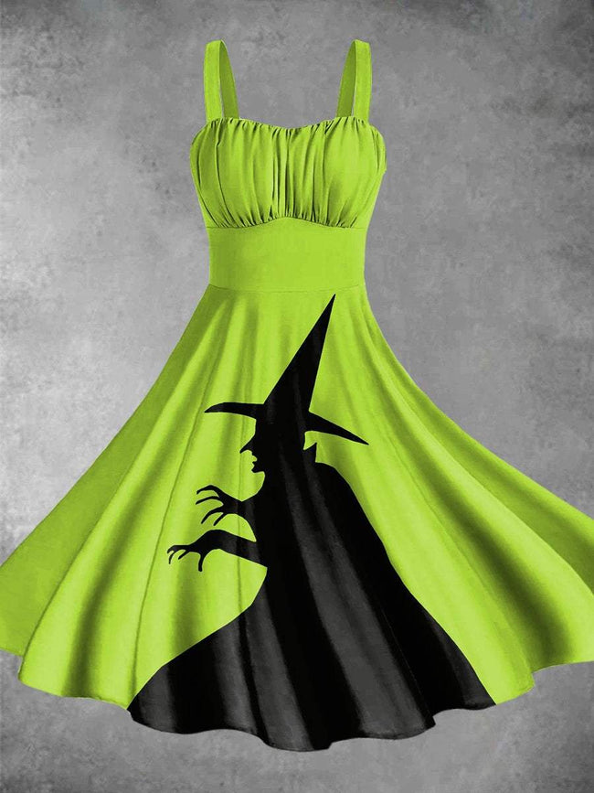 Vintage Halloween Witch Print Backless Dress