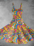 Vintage Colourful Hippie Cartoon Print Backless Dress