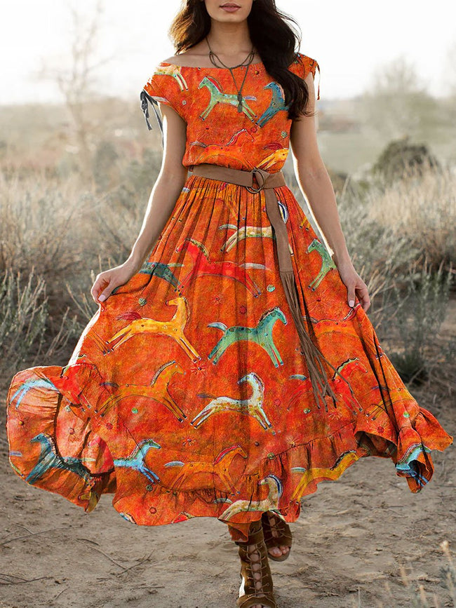 Women's Vintage Wild West Horse Art Print Pocket Cotton Dress