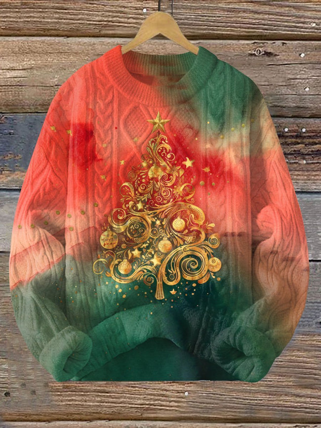 Vintage Christmas Tree Print Knitted Woven Crewneck Pullover