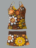 V-Neck Brown Flower Print Suspender Skirt Tankini Pantskirt Set Swimsuit