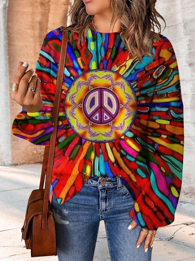 Peace And Love Print Casual Knit Pullover Sweater