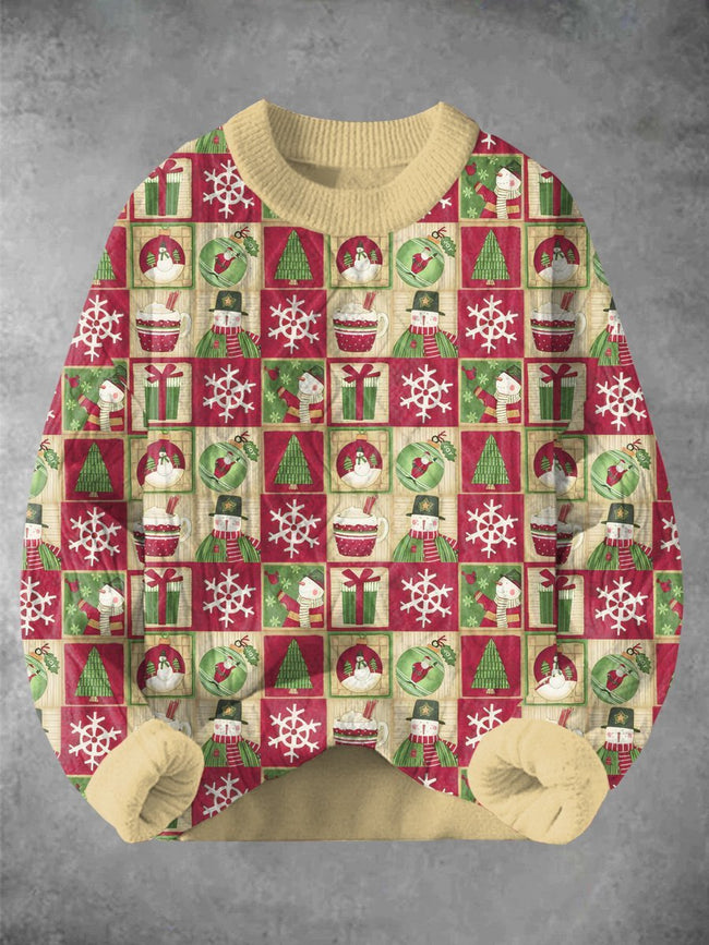 Vintage Christmas and the Snowman Print Knitted Woven Crewneck Pullover