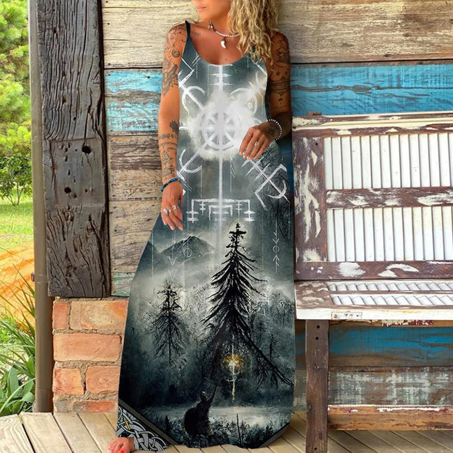 Viking Totem Print Suspender Maxi Dress