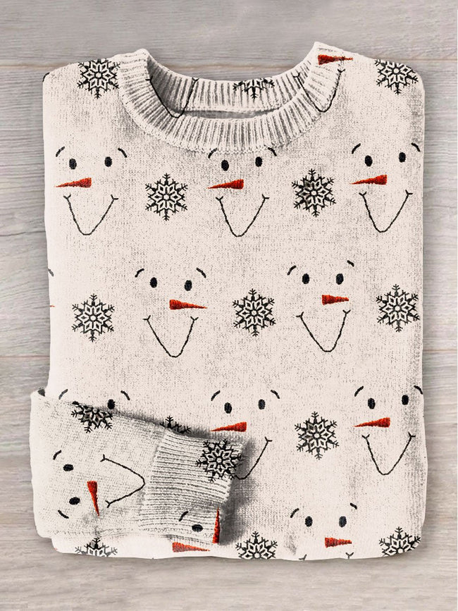 Christmas Snowman Face Snowflake Art Print Knit Pullover Sweater