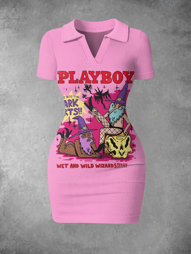 Women's Vintage Play Boy Print Ribbed Bodycon Mini Dress