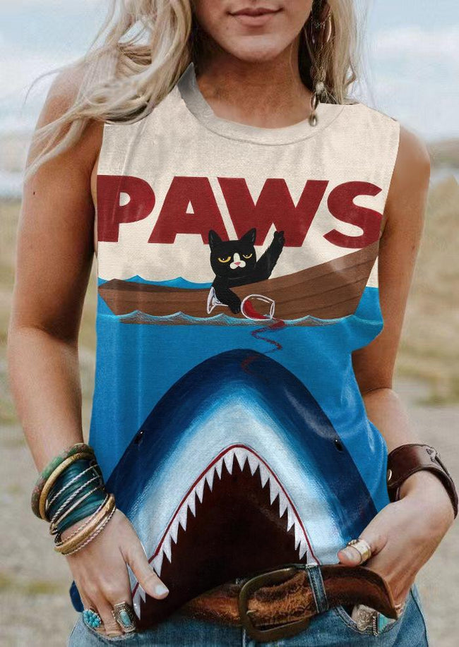 Vintage Funny Shark and Black Cat Print Tank Top