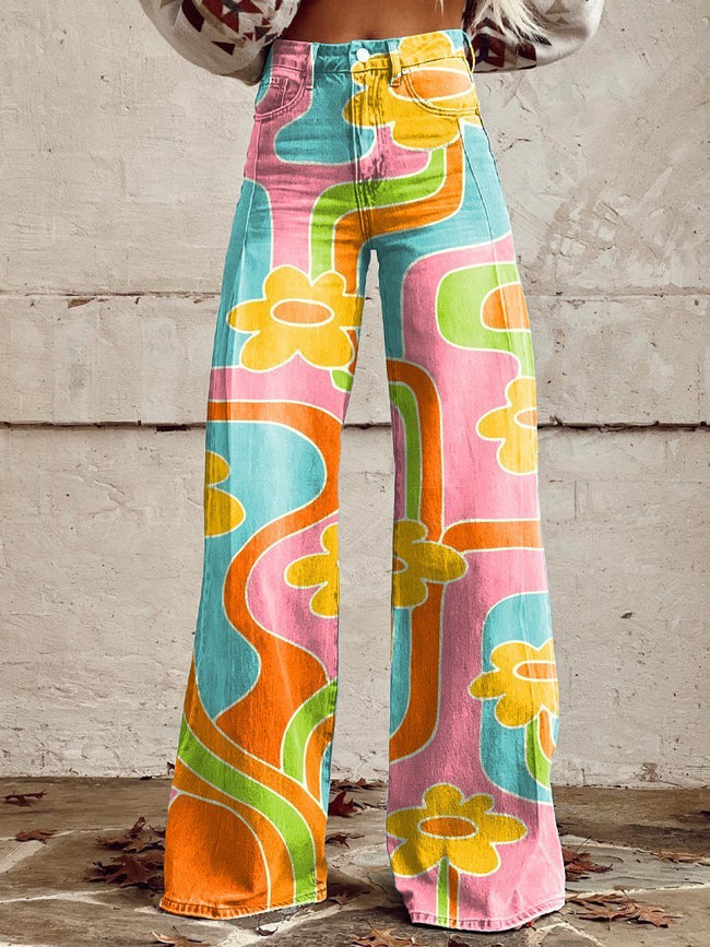 Women's Vintage Colorful Hippie Floral Print Casual Wide Leg Pants