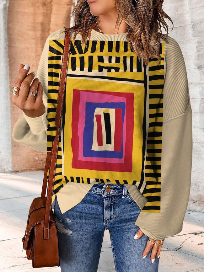 Colorful Yellow and White Abstract Art Print Casual Knit Pullover Sweater