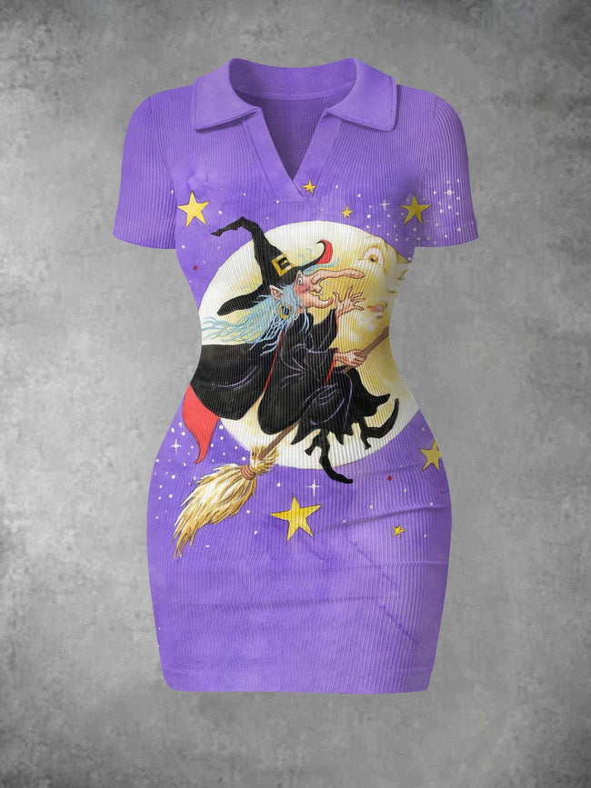 Women's Vintage The Moon and the Witch Halloween Print Ribbed Bodycon Mini Dress