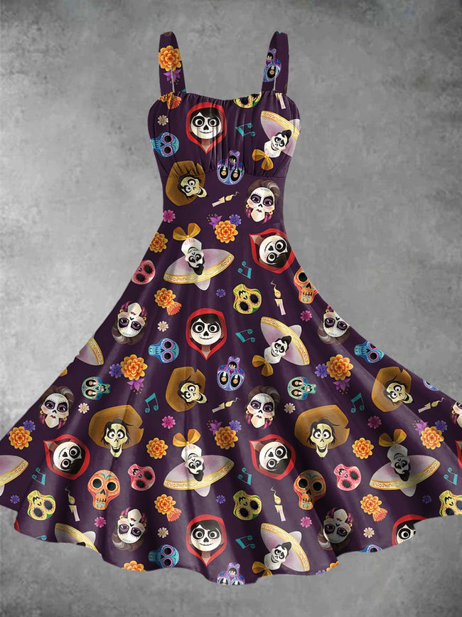 Vintage Day of the Dead Print Backless Dress