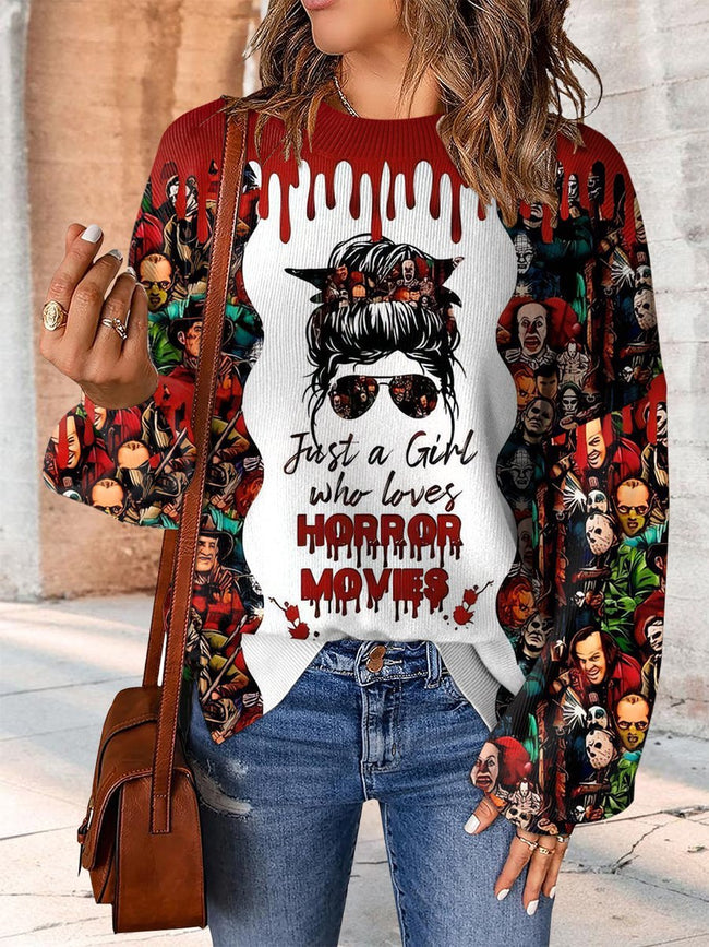 Just A Girl Who Loves Horror Movies Print Casual Knit Pullover Sweater