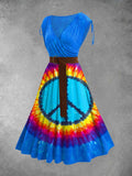 Cinched Shoulder Surplice Plunge Belted Sleeveless Hippie Tie Dye Print Midi Dress