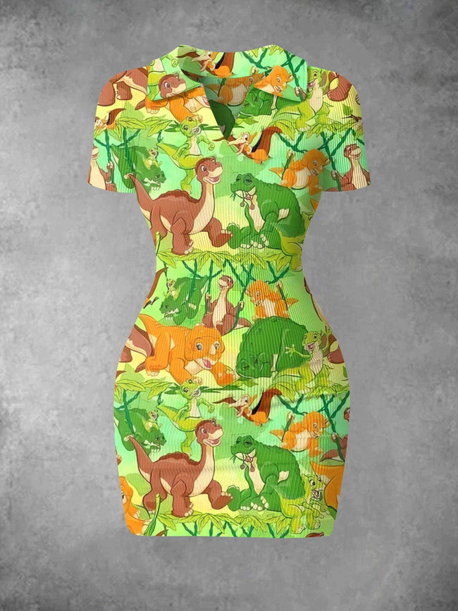 Women's Vintage 1980s Dinosaur Print Ribbed Bodycon Mini Dress