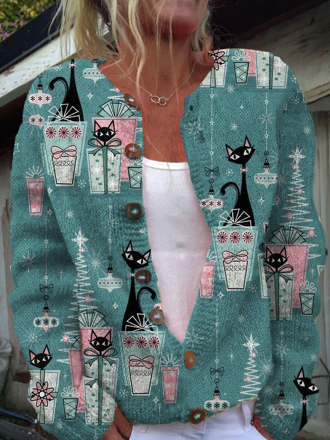 Vintage Kitty Christmas Print Buttoned Cardigan Sweater