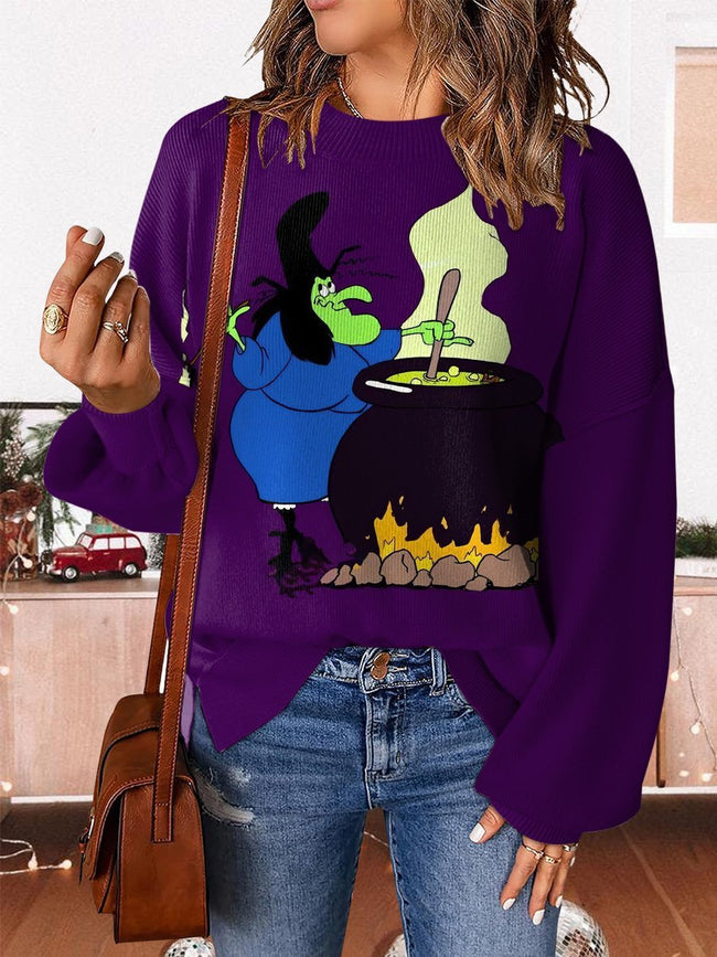 Witch Halloween Print Casual Knit Pullover Sweater