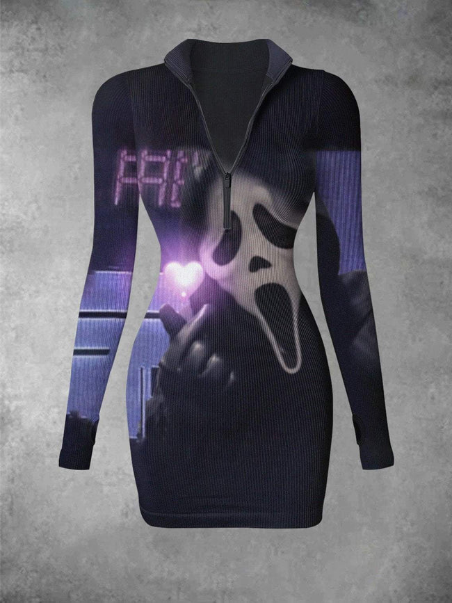 Retro Screaming Ghost Than Heart Print Ribbed Zip Front Long Sleeve Mini Dress