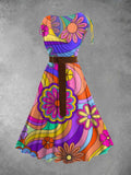 Cinched Shoulder Surplice Plunge Belted Sleeveless Vintage Hippie Print Midi Dress