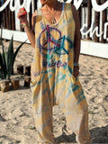Peace Out Symbol Pattern Hippie Art Print Casual 100% Cotton Wide Leg Jumpsuit