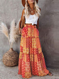 Tiered Vintage Hippie Style Print Pocketed Maxi Skirt