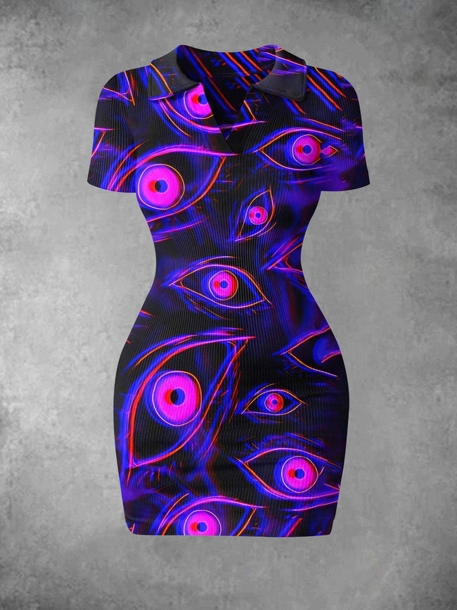 Women's Vintage Eyes Print Ribbed Bodycon Mini Dress