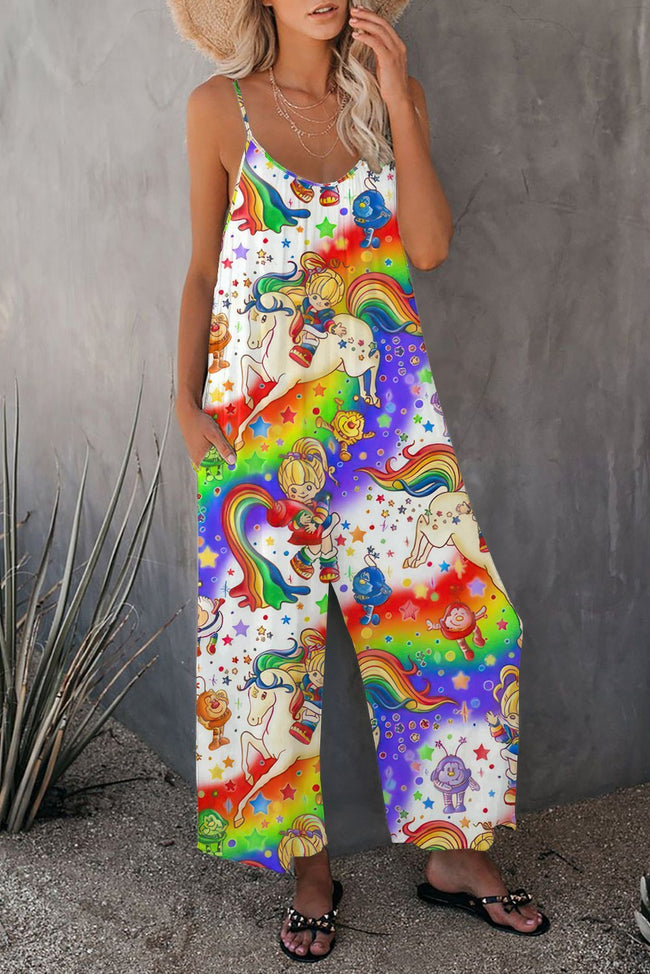 Vintage 1980s Rainbow Girl Print Wide leg Jumpsuit with Pockets