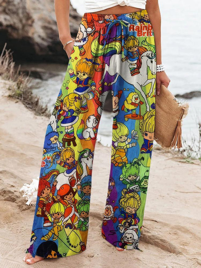 Women's Vintage 1980s Rainbow Girl Printed Casual Pants
