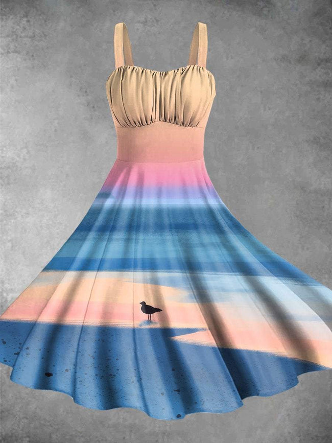Vintage Colorful Beach Art Print Backless Dress