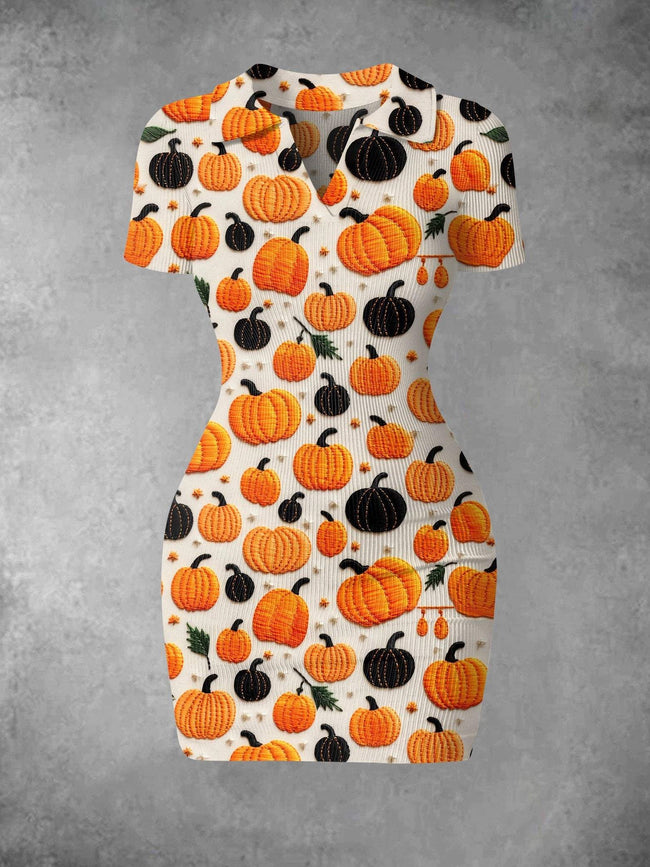 Women's Casual Pumpkin Print Ribbed Bodycon Mini Dress