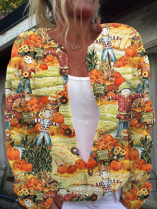 Vintage Scarecrow Print Buttoned Cardigan Sweater