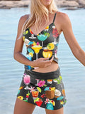 Women’s V-neck Black Hawaii Cocktail Print Suspender Skirt Tankini Set Swimsuit
