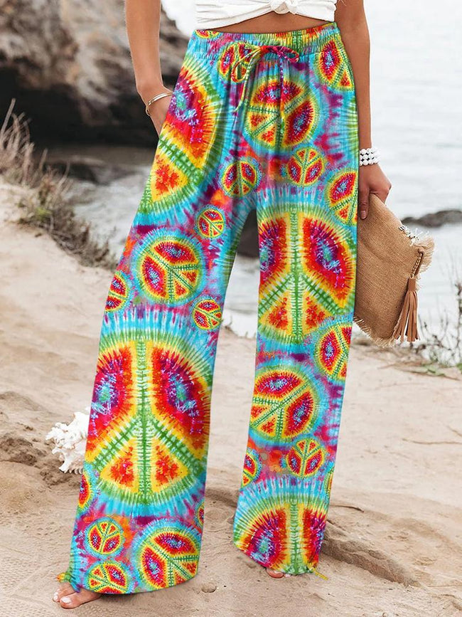 Women's Retro Hippie Peace And Love Printed Casual Pants
