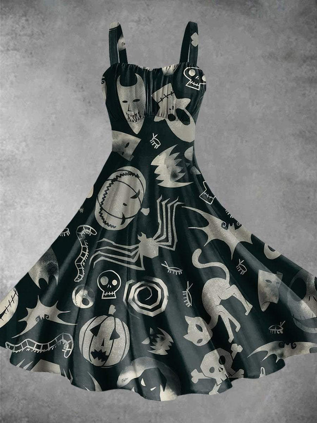 Vintage Halloween Nightmare Print Backless Dress