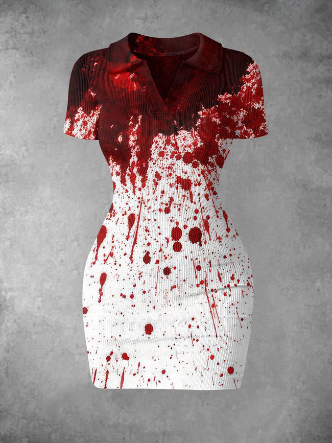 Women's Vintage Halloween Blood Print Ribbed Bodycon Mini Dress