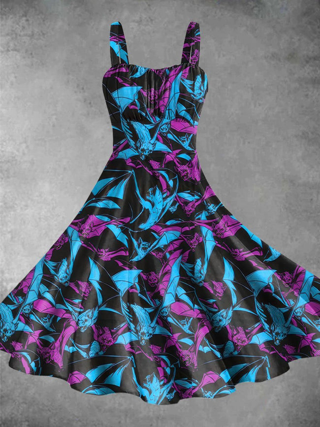 Vintage Bats Halloween Print Backless Dress