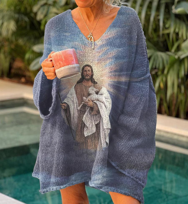 Vintage Jesus and the Sheep Print Casual Pullover Sweater