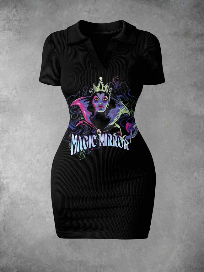 Women's Vintage Evil Queen Halloween Print Ribbed Bodycon Mini Dress