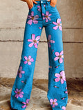Women's Blue Ground Pink Flowers Print Casual Wide Leg Pants