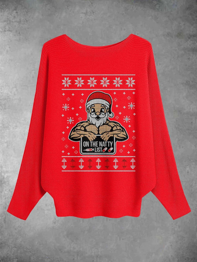 Women's Santa Claus Printed Boat Neck Bat Sleeve Pullover