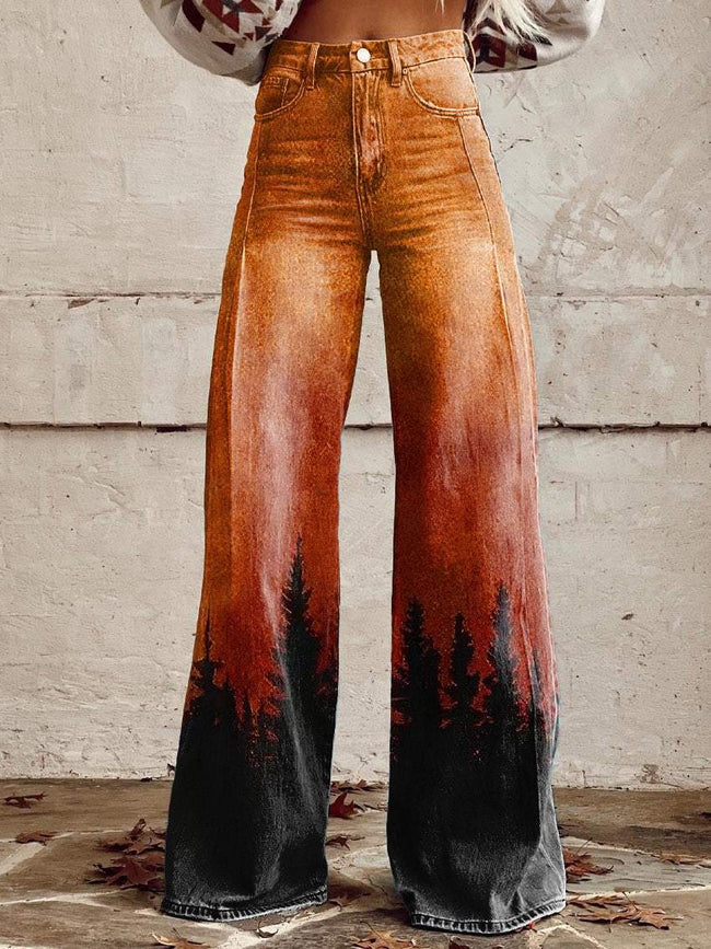 Women's Vintage Forest Print Casual Wide Leg Pants