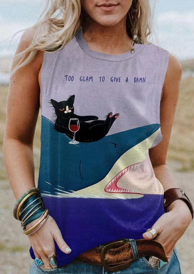 Vintage Funny Shark and Black Cat Print Tank Top