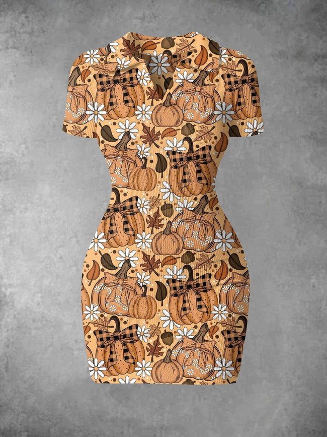 Women's Thanksgiving Pumpkin Print Ribbed Bodycon Mini Dress